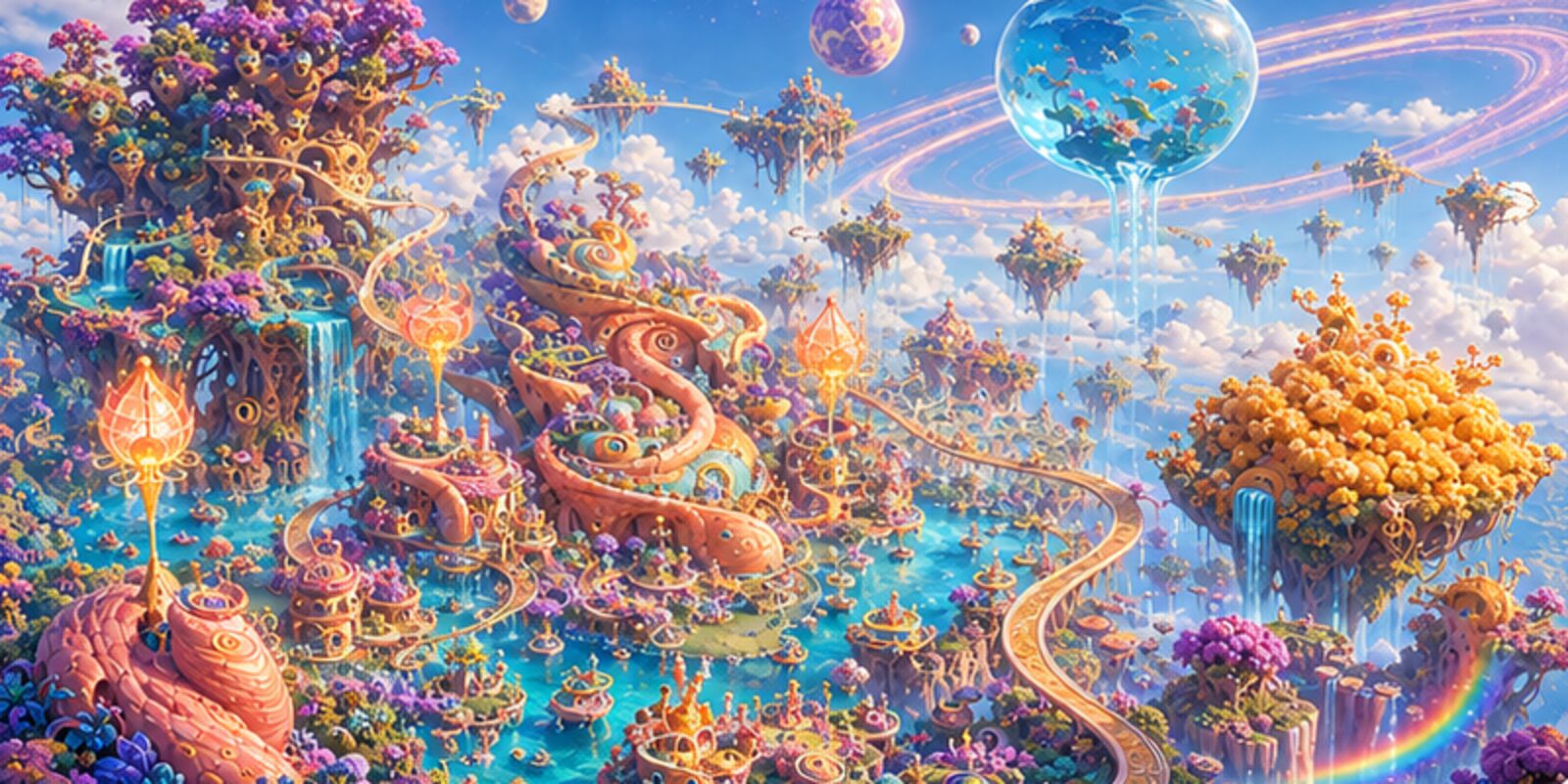 Panorama of Gigiland with floating islands, upward waterfalls, bubble lakes and glowing plants